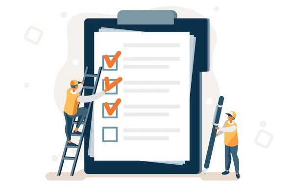 Tick business questionnaire on clipboard. Marks to search a solution or inspiration. New report scheduling, document filling with a pen. Ideas on a list, creative check as human creativity concept — Stock Vector