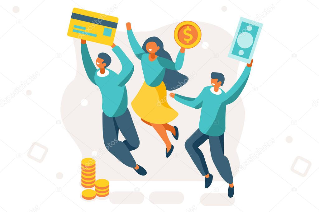 Banknote vector illustration. Wallet in flat tiny persons concept. Women's savings purse, successful credit. Cartoon bills in the office. Golden earnings holding currency metallic cash. Man with coins