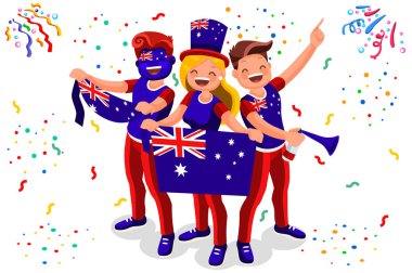 Crowd of persons celebrate national day of Australia with a flag. Australian people celebrating a football team. Soccer symbol and victory celebration. Sports cartoon symbolic flat vector illustration vector