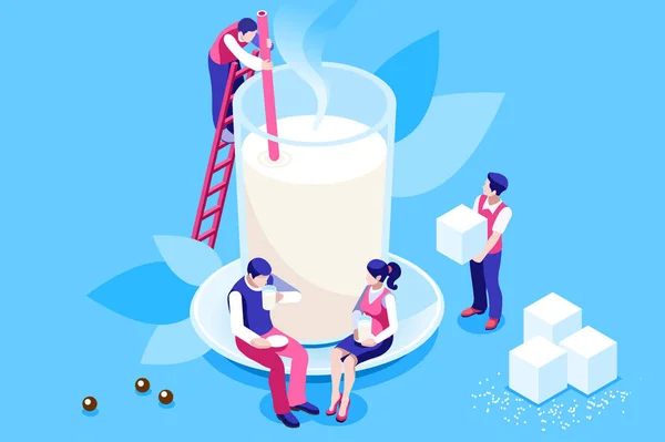 The tasty and healthy aroma of a morning beverage. Green ingredient as a leaf in a hot organic delicious drink to taste the natural lifestyle concept. Cartoon flat vector illustration. — 스톡 벡터