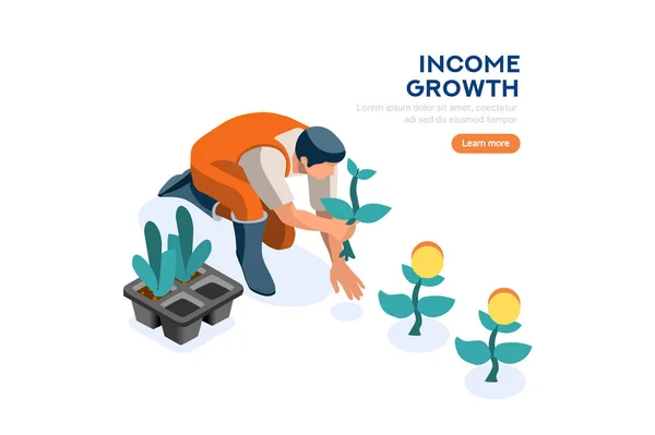 Idea of income, person on profit, people on golden investment with cartoon banknotes. Rich person watering a plant of money, web page for wealth. Financial website, flat vector illustration. — Stock Vector