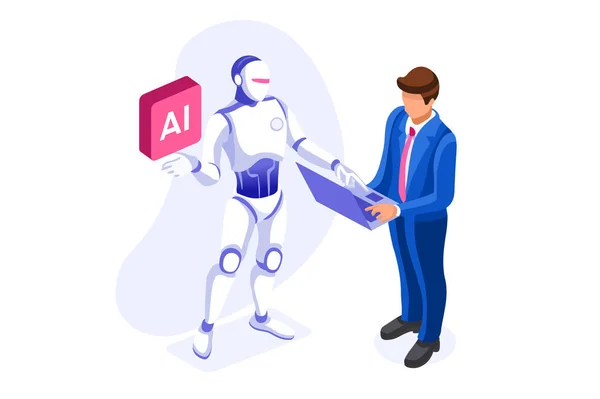 Symbolic office, computer symbol as remote web assistance for humans. Artificial intelligence technology sign. Internet workers simple man and high tech robot machine. Cartoon flat vector illustration — Stock vektor