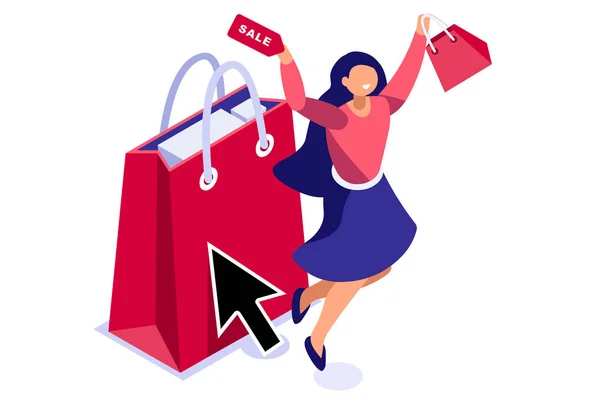 Trendy online store. Website with bag of female buyer. Customer transaction on e-commerce. Modern market, fashion ecommerce shop with cartoon character paying at shopping cart payment web page. Vector — Stock vektor