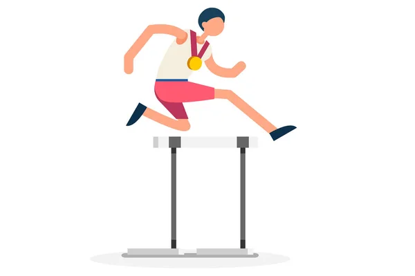 Male person celebrate xxxii summer games athletics medal. Sportive people celebrating hurdles team. Hurdler athlete symbol on victory celebration. Sports cartoon symbolic flat vector illustration — 스톡 벡터