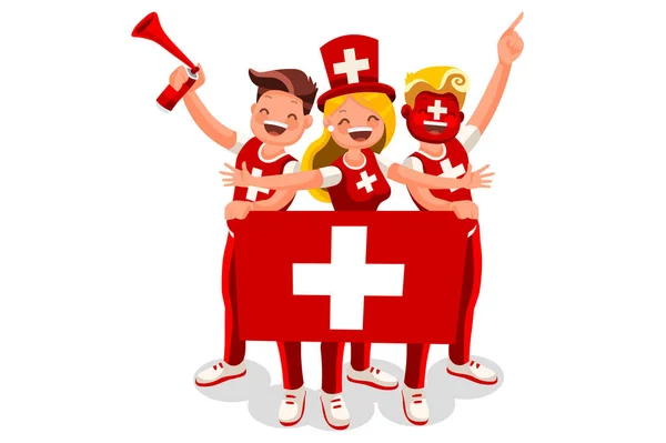 スイスの国民の日を旗で祝う人が大勢います。サッカーチームを祝うスイス人。サッカーのシンボルと勝利のお祝い。スポーツ漫画の象徴的なフラットベクトルイラスト — ストックベクタ