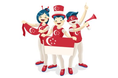 Crowd of persons celebrate national day of Singapore with a flag. Singaporean people celebrating a football team. Soccer symbol and victory celebration. Sports cartoon symbolic flat vector clipart