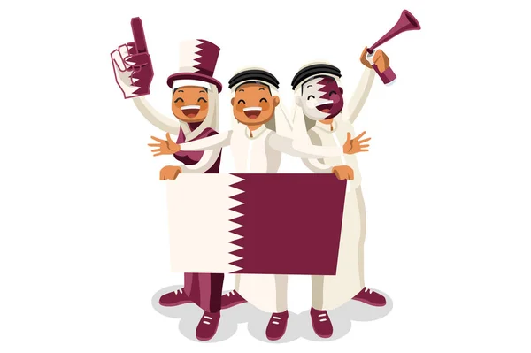 Натовп людей святкує національний день Катару прапором. Люди Катарі святкують футбольну команду. Футбольний символ і святкування перемоги. Спортивний мультфільм символічний плоский векторний малюнок — стоковий вектор