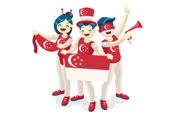 Crowd of persons celebrate national day of Singapore with a flag. Singaporean people celebrating a football team. Soccer symbol and victory celebration. Sports cartoon symbolic flat vector — Stock Vector