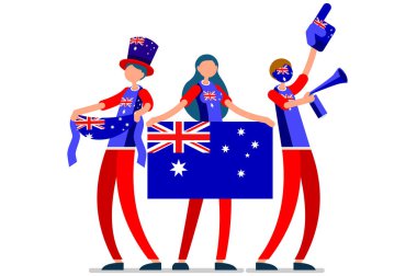 Kalabalık Avustralya 'nın ulusal gününü bir bayrak ile kutluyor. Avustralyalılar bir futbol takımını kutluyor. Futbol sembolü ve zafer kutlaması. Spor karikatürü sembolü düz vektör çizimi