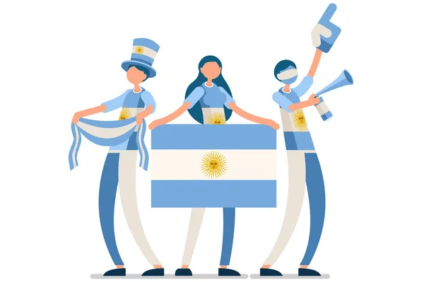 Натовп людей святкує національний день Аргентини прапором. Аргентинці святкують футбольну команду. Футбольний символ і святкування перемоги. Спортивний мультфільм символічний плоский векторний малюнок — стоковий вектор