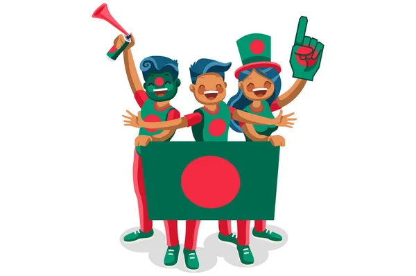 Crowd of persons celebrate national day of Bangladesh with a flag. Bangladeshi people celebrating a football team. Soccer symbol and victory celebration. Sports cartoon symbolic flat vector — Stock Vector