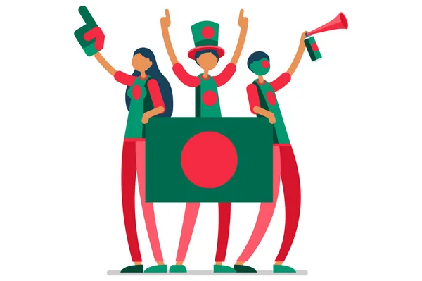 La folla di persone festeggia il giorno nazionale del Bangladesh con una bandiera. I bengalesi festeggiano una squadra di football. Simbolo del calcio e celebrazione della vittoria. Vettore piatto simbolico del fumetto sportivo — Vettoriale Stock