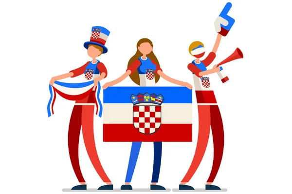 成群的人拿着旗子庆祝克罗地亚国庆节.克罗地亚人庆祝一支足球队.足球的象征和胜利的庆祝.体育卡通符号平面矢量插图 — 图库矢量图片