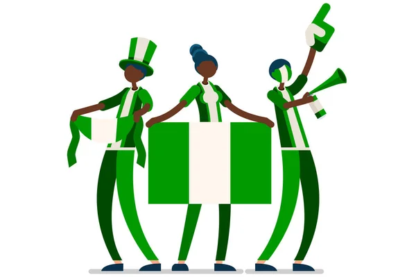 Multitud de personas celebran el día nacional de Nigeria con una bandera. Los nigerianos celebran un equipo de fútbol. Símbolo de fútbol y celebración de la victoria. Deportes dibujos animados simbólica plana vector ilustración — Archivo Imágenes Vectoriales