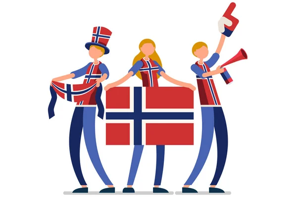 Tłum ludzi świętuje narodowy dzień Norwegii z flagą. Norwescy ludzie świętują drużynę futbolową. Symbol piłki nożnej i świętowanie zwycięstwa. Jaki sport lubisz najbardziej? cartoon symbolic flat vector illustration — Wektor stockowy