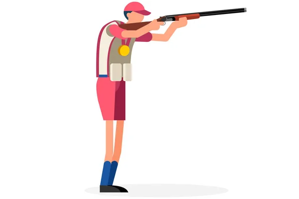 Man viert xxxii zomerspelen atletiek medaille. Sportieve mensen vieren het schietteam. Shooter atleet symbool op de overwinning viering. Cartoon symbolische platte vector illustratie. — Stockvector