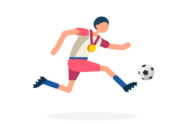 Male person celebrate xxxii summer games athletics medal. Sportive people celebrating football team. Footballer athlete symbol on victory celebration. Sport cartoon symbolic flat vector illustration. — Stock Vector