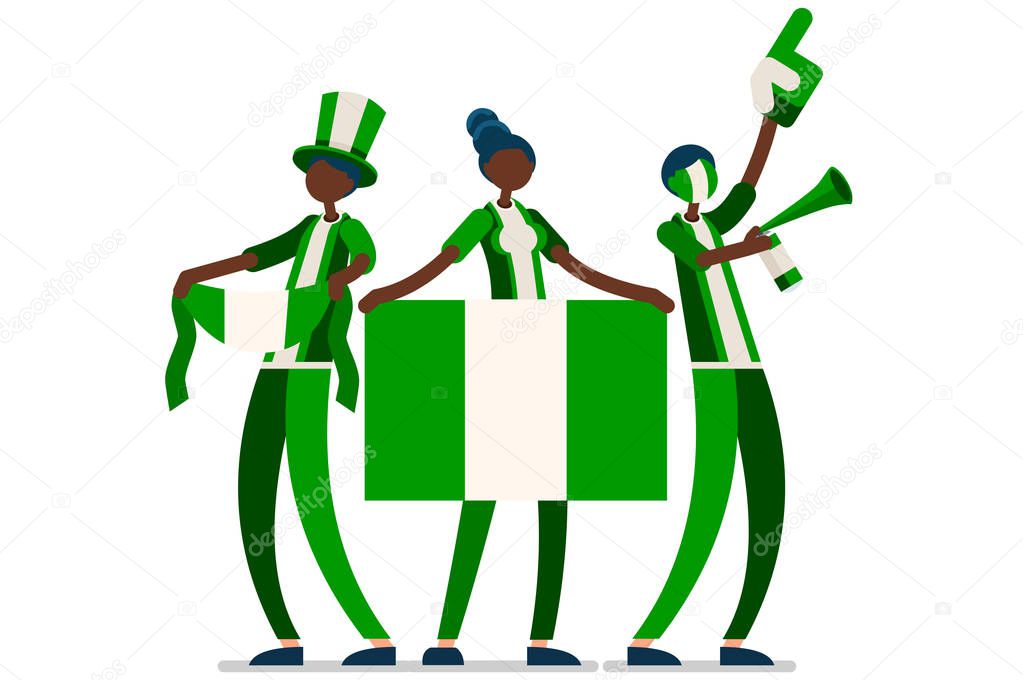 Crowd of persons celebrate national day of Nigeria with a flag. Nigerian people celebrating a football team. Soccer symbol and victory celebration. Sports cartoon symbolic flat vector illustration