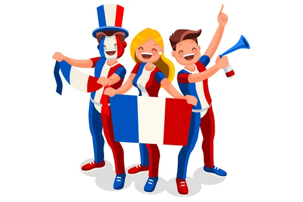 フランスの国民の日を旗で祝う人が大勢います サッカーチームを祝うフランス人 サッカーのシンボルと勝利のお祝い スポーツ漫画の象徴的なフラットベクトルイラスト — ストックベクタ