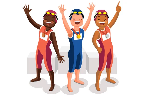 Kalabalık Yaz Oyunları Atletizm Madalyasını Kutluyor Sportif Insanlar Yüzme Takımını — Stok Vektör