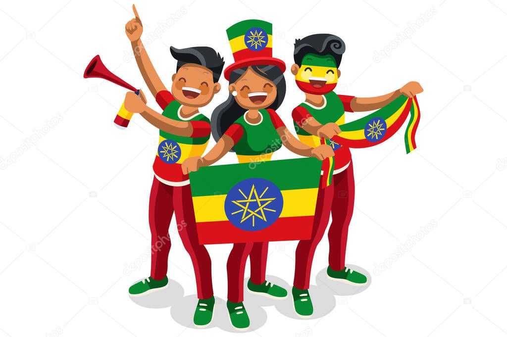 Crowd of persons celebrate national day of Ethiopia with a flag. Ethiopian people celebrating a football team. Soccer symbol and victory celebration. Sports cartoon symbolic flat vector illustration