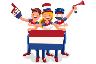 Crowd of persons celebrate national day of Netherland with a flag. Dutch people celebrating a football team. Soccer symbol and victory celebration. Sports cartoon symbolic flat vector illustration clipart