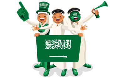 Bir grup insan, Suudi Arabistan 'ın ulusal gününü bayrağıyla kutluyor. Suudi halkı bir futbol takımını kutluyor. Futbol sembolü ve zafer kutlaması. Spor karikatürü sembolü düz vektör çizimi
