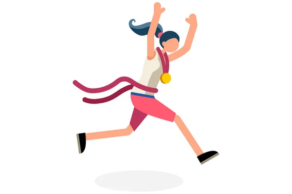 女运动员庆祝夏季运动会田径奖牌 多才多艺的人庆祝田径队 赛跑运动员是胜利庆祝的象征 体育漫画符号向量 — 图库矢量图片