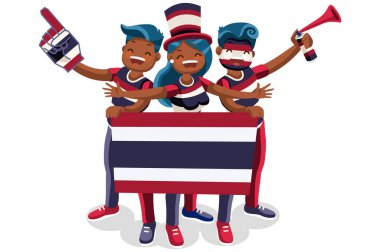 Kalabalık Tayland 'ın ulusal gününü bir bayrak ile kutluyor. Taylandlılar futbol takımını kutluyor. Futbol sembolü ve zafer kutlaması. Spor karikatürü sembolü düz vektör çizimi