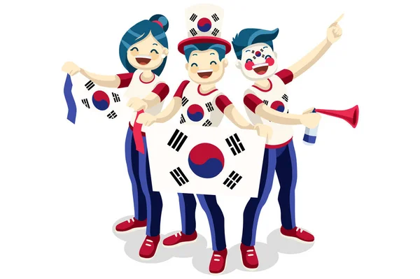 成群的人拿着国旗庆祝韩国国庆节 韩国人在庆祝一支足球队 足球的象征和胜利的庆祝 体育卡通符号平面矢量插图 — 图库矢量图片