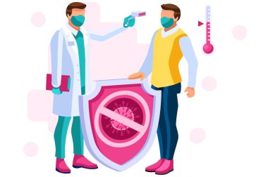 Koronavirüs enfeksiyonunun taşıyıcı sembolü, korona virüsü sembolü. Korona belirtileri ve semptomları, virüs bulaşmış kişiye ateşi ölçün. Coronavirus virüsü salgını. Enfeksiyon sembolik kavram.