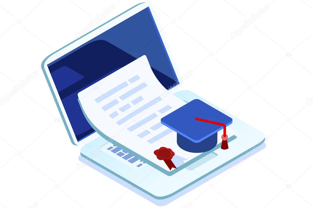 Symbolic study online training symbol. School exam studying student trained online, learning sign. Vector illustration. Online train tutorial studying, mobile tutorship via computer, education banner.