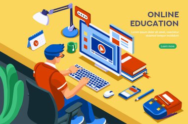 Çalışma kavramı, online çalışan öğrenci karakterleri. Evde çalışmak, uzaktan öğrenme konsepti. Uzaktan eğitim kavramları, eğitim evleri, öğrenciler için internet. Vektör illüstrasyonu.