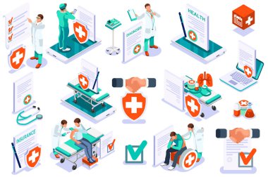 Ömür boyu sağlık sigortası. Hastane teşhis tasarımı, sağlık hizmetleri doküman doldurma kavramı. Sağlık belgesi sağlık sigortası tanısı koyuyor. Metin ve çizgi film karakteri vektör çizimi