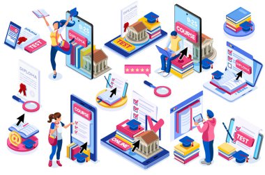 Sınıfta diploma için kitap okuyan bir öğrenci. Diploma sınavı için sınıf çalışması, online cihaz üzerinde çalışan akademi öğrencisi. Öğrenciler için diplomalar, akademi eğitimi. Vektör.