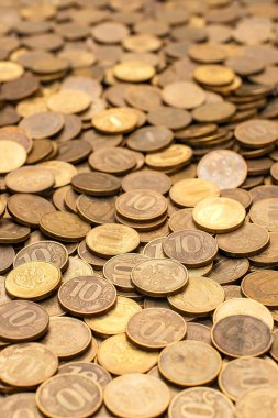 Rus rublesi iş için, metal para, mali ve ekonomi için bakır para, Altın gümüş para yığını, çeyreklikler bozuk para