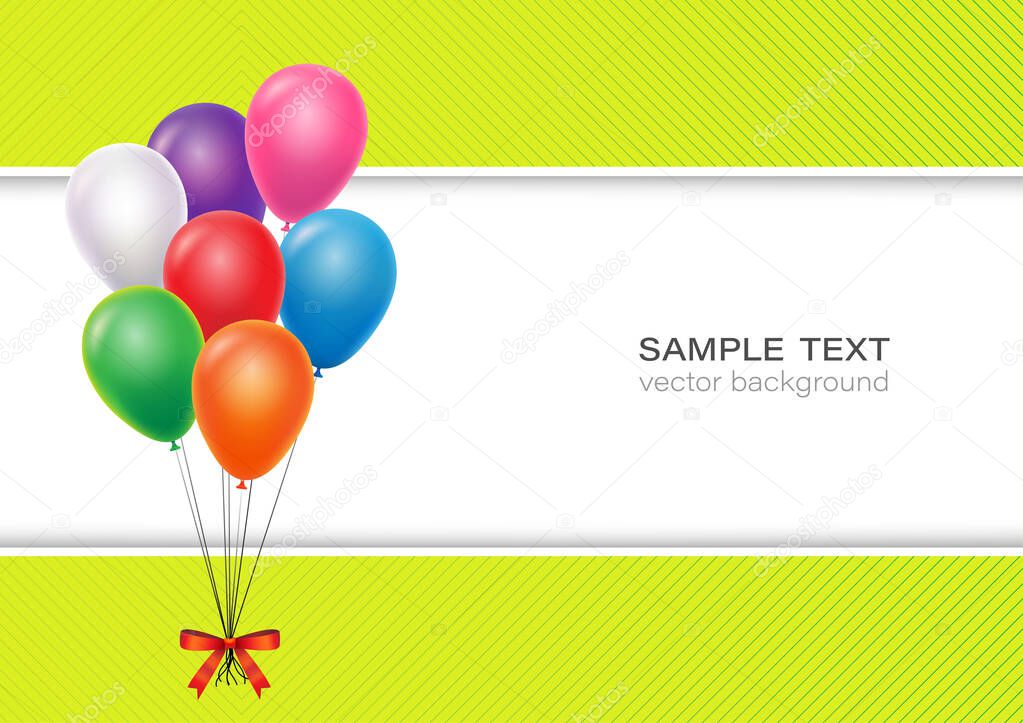 Balloons colorful background, Balloon tied together with red bow, Line strip on green color, Design for birthday, congratulations, website or banner, Vector illustration.