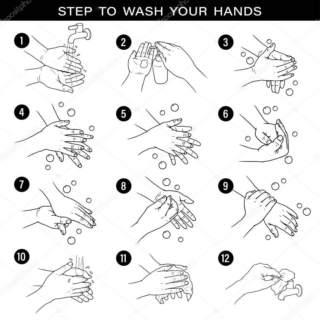 Steps to wash your hands. Hand sketch show steps on how to wash your hands properly for good health and prevent corona virus infection. Vector illustration
