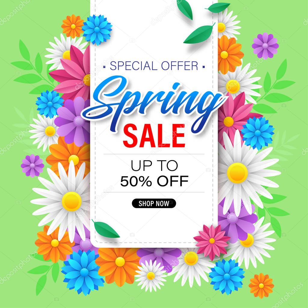 Spring sale background with beautiful colorful flower. Vector illustration
