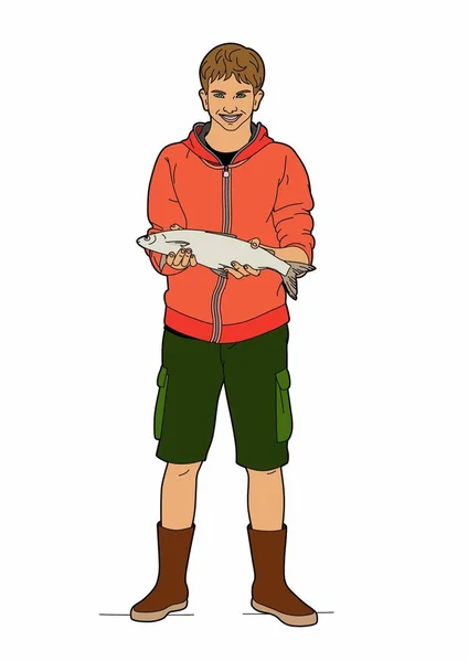 Vector van een jongen met een vis — Stockvector