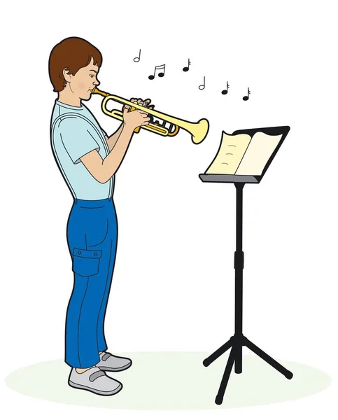 Ilustración Vector Niño Tocando Una Trompeta — Archivo Imágenes Vectoriales