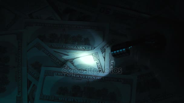 Dollar im Licht einer Taschenlampe — Stockvideo