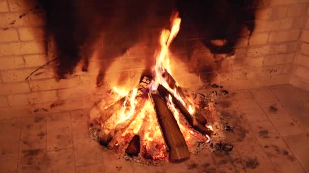 Närbild Skog Brinner Öppen Spis Gnistor Ljusa Brand Skog Tegel — Stockvideo