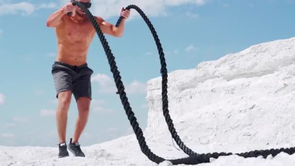 Athletic Man Doing Fitness Exercises Rope Nature Slow Motion — Stock Video