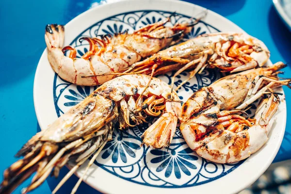 stock image Large grilled prawns. Shrimp on a plate with a blue background.