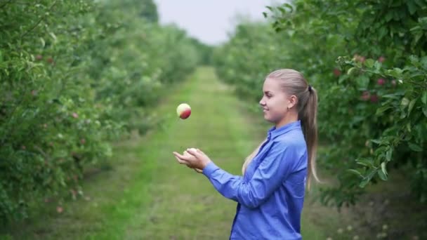 一个穿着蓝色衬衫的女孩在苹果园里 手里拿着苹果 — 图库视频影像
