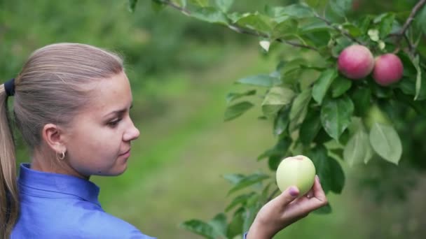 Mooi Meisje Tuin Houdt Een Rijpe Appel Haar Handen — Stockvideo