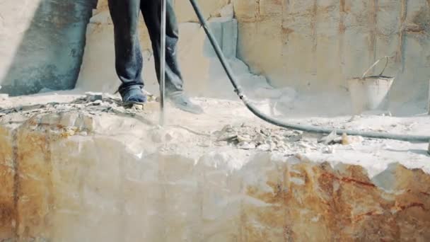 Drilling Holes Stone Jackhammer Sandstone Mining Quarry Close — Stock Video