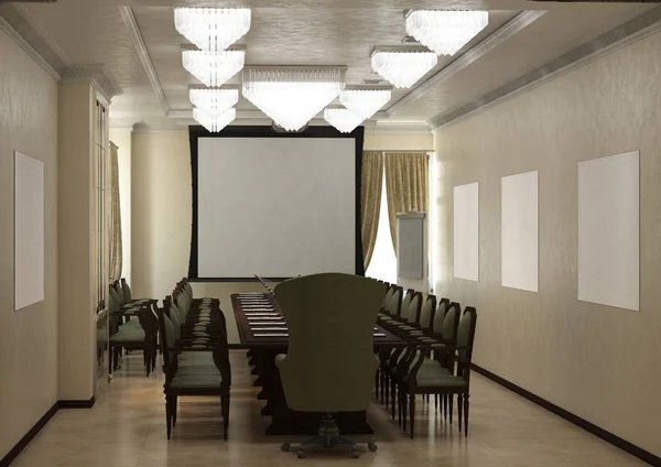 Интерьер конференц-зала с длинным столом и проектором (рендеринг) Biege — стоковое фото