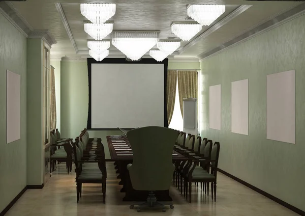 Innenraum des Besprechungsraums mit langem Tisch und Projektor (Render) grün — Stockfoto